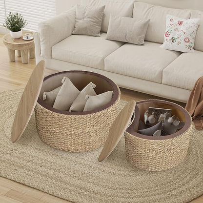Nesting Coffee Table Set of 2, Rustic Crate and Barrel Coffee Table, Hand-Woven Woven Nesting Tables with Soild Wood Cover for Living Room, Bedroom