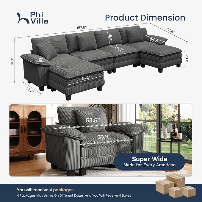 PHI VILLA Cloud Modular Couch Sets, 157.5" Oversized Large Sectional Sofa with U-Shaped Chaise, 6-Seater Couches with Movable Ottomans for Living Room, Corduroy Grey