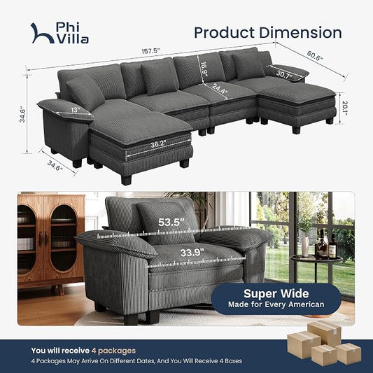 PHI VILLA Cloud Modular Couch Sets, 157.5" Oversized Large Sectional Sofa with U-Shaped Chaise, 6-Seater Couches with Movable Ottomans for Living Room, Corduroy Grey