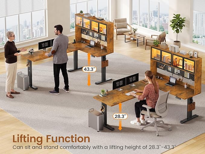 SEDETA 67" Standing L Shaped Gaming Desk, Office Computer Desk with Storage Hutch, Stand Up Corner Desk with Pegboard & Led Lights for Home Office, Rustic Brown