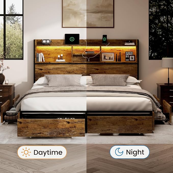 BRELTAM Queen Storage Bed Frame with 6 Drawers, USB Charging Station, No Noise, No Box Spring Required, Vintage Brown Headboard Platform Bed