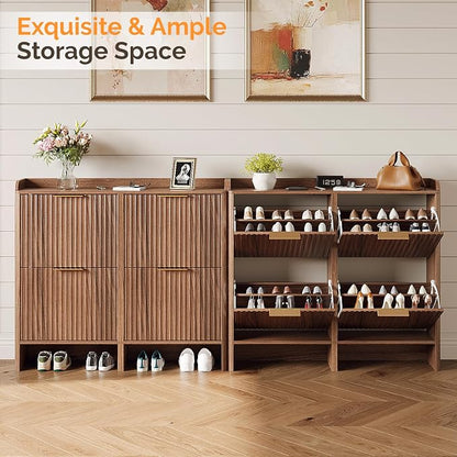 VINGLI 43.5" Large Shoe Storage Cabinet with 4 Fluted Flip Drawers, Slim Entryway Shoe Organizer with Curved Side Panels, Walnut Wood Shoe Rack for Hallway, High Capacity Hidden Shoe Shelf for Boots