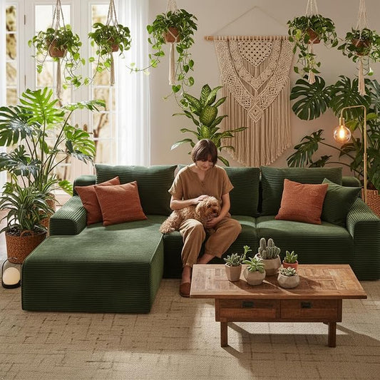 Homkdom 98" Boneless Couches for Living Room, L-Shape Modular Sectional Sofa with Deep Seat Oversized Left Facing Chaise, Cloud Couch for Apartment, Small Space (Green)
