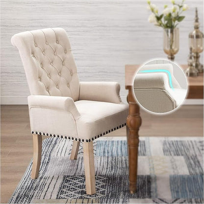 adochr Dining Chairs with Arms, Upholstered Linen Dining Room Chairs with Solid Wood Legs, Accent Armchair for Kitchen Dining Living Room, Beige