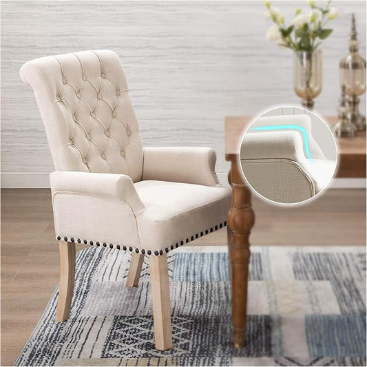 adochr Dining Chairs with Arms, Upholstered Linen Dining Room Chairs with Solid Wood Legs, Accent Armchair for Kitchen Dining Living Room, Beige
