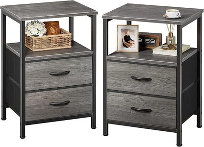 Huuger Night Stand Set of 2, Nightstand with 2 Drawers, Bed Side Table with Open Shelf, Wooden Top, End Table, Fabric Drawer, for Bedroom, Gery