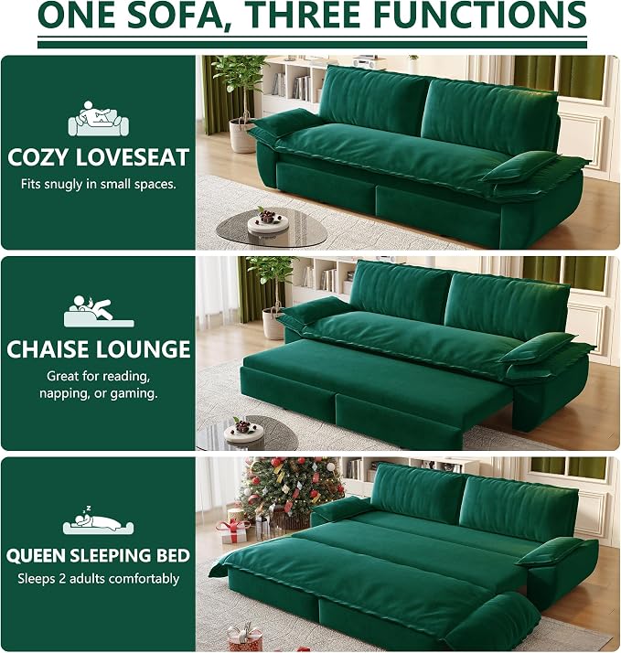 70.1" Sofa Bed Queen Size, Pull Out Couch Bed, 3-in-1 Convertible Sleeper Sofa with Cushion Armrest, Modern Velvet Futon Couch for Living Room, Small Space, Apartment, Bedroom, Green