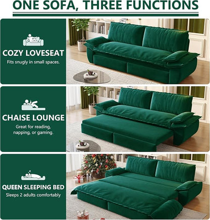 70.1" Sofa Bed Queen Size, Pull Out Couch Bed, 3-in-1 Convertible Sleeper Sofa with Cushion Armrest, Modern Velvet Futon Couch for Living Room, Small Space, Apartment, Bedroom, Green