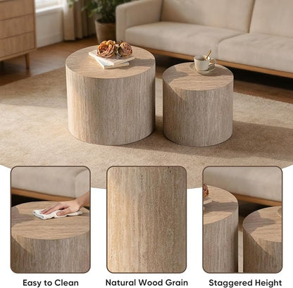 Nesting Round Coffee Table Set of 2, Circle Accent End Table for Small Spaces, Morden Drum Side Table, Wooden Center Table for Living Room, Fully Assembled - Beige