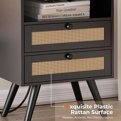 SUPERJARE 2 Drawer Night Stand with Charger Station, Boho Rattan Nightstand Set of 2, 25.2 Inch Tall Bed Side Table with Solid Wood Feet, End Table, Open Storage, Synthetic Rattan, for Bedroom, Black