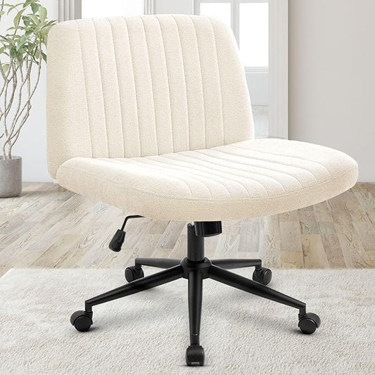 Orange Factory Criss Cross Chair Wheels Wide Cross Legged Office Desk Vanity Dual Base Comfy Fabric Armless Adjustable Swivel for Home Computer Task (Beige Dual Base, Fabric)