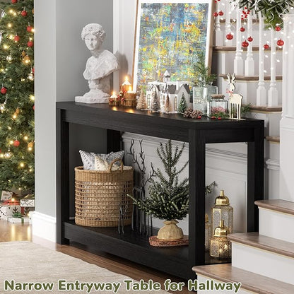 Besiost 47" Farmhouse Wood Entryway Table Narrow Console Table with Storage Behind Couch Sofa Table with Shelves for Entry Way with Open Storage, Easy Assembly, Embossed Wood Grain Black