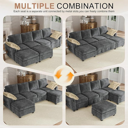 Hanherry 104" Sectional Couch with Pull Out Sofa Bed,Chenille Sleeper Sofa with Storage Ottoman & USB Charging,Comfy U Shaped Modular Couches for Living Room,Apartment