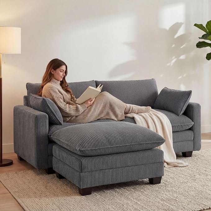 Gizoon 75'' Loveseat with Ottoman for Small Space L Shaped Cloud Coucher with Deep Seats, 2 Seater Love Seat Sofa with Washable Corduroy Cover for Living Room Bedroom, Gray