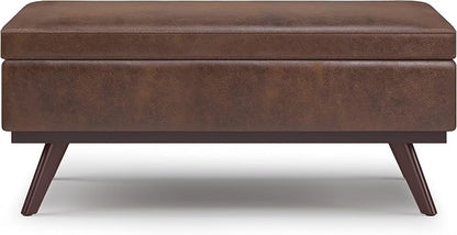 SIMPLIHOME Owen Lift Top Coffee Table Storage Ottoman - 42 inch Wide Upholstered Vegan Leather Rectangular Lift-Top Ottoman in Distressed Chestnut Brown, Mid-Century Modern Ottoman for Living Room