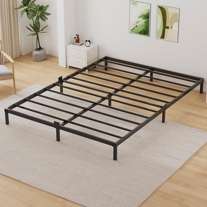 6 Inch Low Profile Full Size Bed Frame, Noise-Free Heavy Duty Metal Platform with Mattress Stopper, No Box Spring Needed, Easy Assembly Steel Support, Black