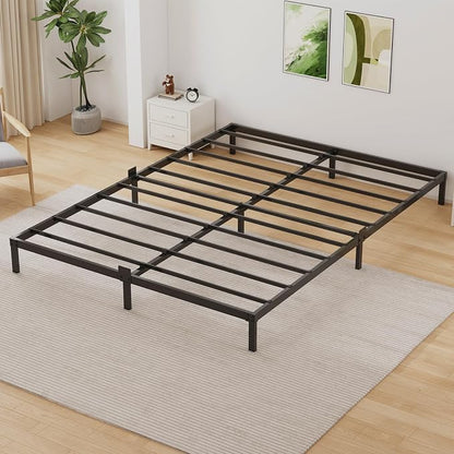 6 Inch Low Profile Queen Size Bed Frame, Noise-Free Heavy Duty Metal Platform with Mattress Stopper, No Box Spring Needed, Easy Assembly Steel Support, Black