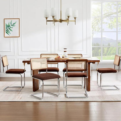 Zesthouse Rattan Dining Chairs Set of 6, Mid Century Modern Dining Room Chairs with Natural Cane Mesh & Chrome Base, Brown Cesca Chair Chenille Fabric, Farmhouse Kitchen Chair with Solid Wood Back