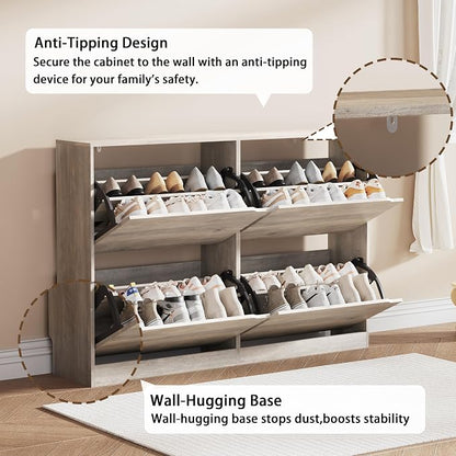 Shoe Storage Cabinet, Wood Shoe Organizer for Entryway with 3 Flip Drawers, Freestanding Shoe Rack with Adjustable Shelf, Narrow Shoe Dresser for Front Door Entrance (Grey, 4 Drawers)