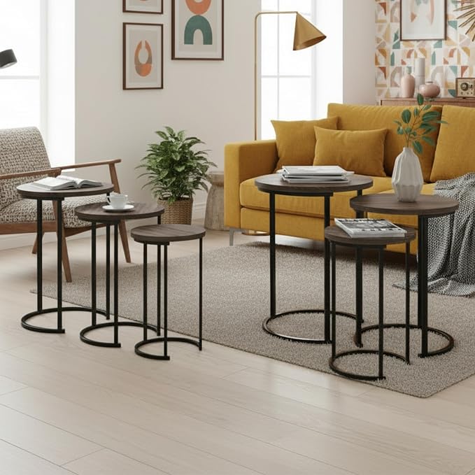 Lavish Home Nesting Tables - Set of 6 Round Side Tables with Woodgrain-Look Tops and Black Metal Frames – Modern Accent & End Table Set for Living Room, Bedroom, or Home Office (Gray/Brown)