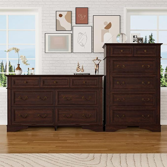 Farmhouse Dresser and Nightstand Sets, 6-Drawer with 7 Drawer Dresser Sets, 2 Pieces Rustic Wood Bedroom Furniture Set for Home, Bedroom, Hallway(Dark Brown)