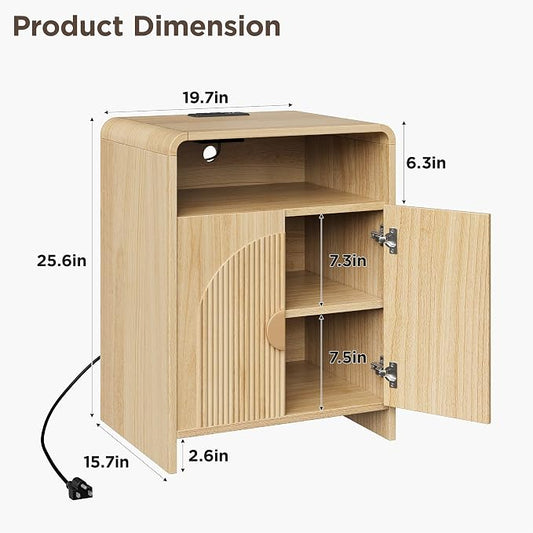 Nightstand with Charging Station and LED Lights, Night Stands with Adjustable Storage Cabinet, Modern Side Table with Fluted Doors and Open Storage, Bedside Table for Bedroom, Natural