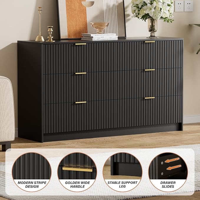Furniway Black Dresser for Bedroom, Modern Dresser with 6 Drawers and Smooth Slides, Wide Chest of Drawers with Golden Handles for Bedroom, Living Room, Closet, 15.7" D x 55.1" W x 31.4" H