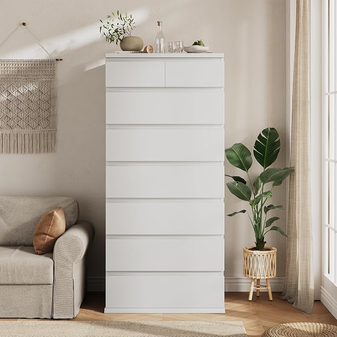 Jocoevol White Tall 8 Drawer Dresser for Bedroom,Dressers & Chests of Drawers with Jewelry Storage,Wood Storage Dresser with Deep Drawers for Living Room Hallway Entryway(55.3" L*23.6" W*15.7")