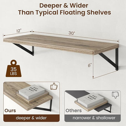 Axeman 12 Inch Deep Grey Floating Shelves 30 Inches Long | Rustic Grey Wood Wall Shelves Set of 2, Deep Wall Shelves for Bookshelf Living Room Bathroom Kitchen