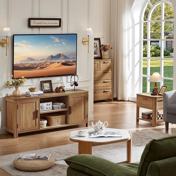 Joaxswe Farmhouse 55" Tv Stand,Dark Wood Entertainment Center with Adjustable Shelves & 2 Door Storage,Wooden Media Console Cabinet for TVs Up to 65 inches, Rustic Tv Stands for Living Room,Bedroom