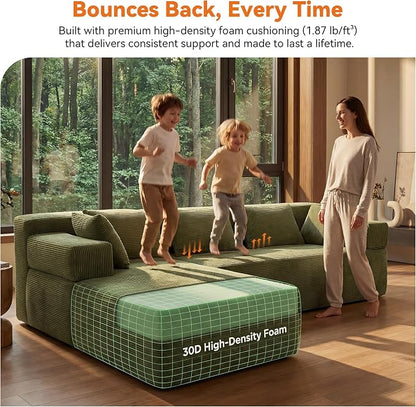 MONVANE 106" Cloud Sectional Couch with L-Shaped Chaise, Modular Sectional Sofa with Deep Seat and Removable Armrests, Comfy Corduroy Boneless Couches for Living Room, No Assembly Required, Green
