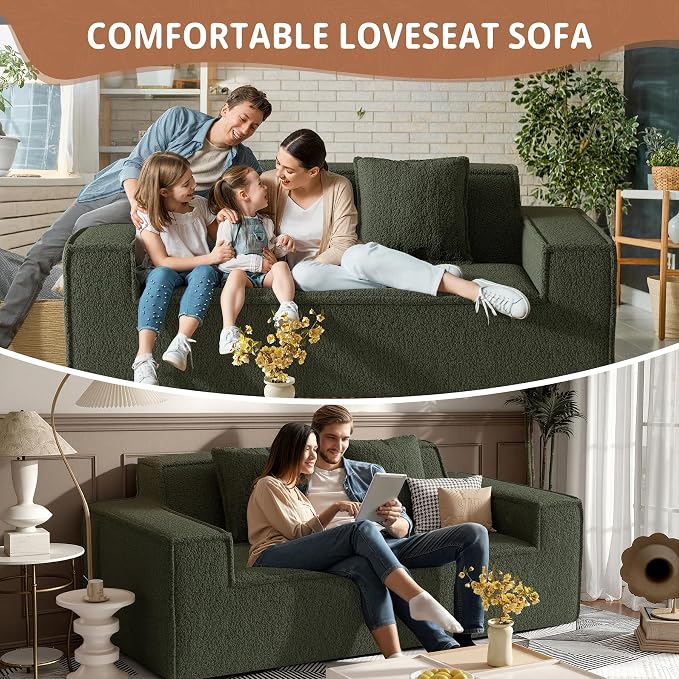 75'' Cloud Loveseat Sofa, No Assembly Required Comfy Deep Seat Couches 1 pcs for Living Room, Bedroom, Apartment(Teddy Fabric-Green)