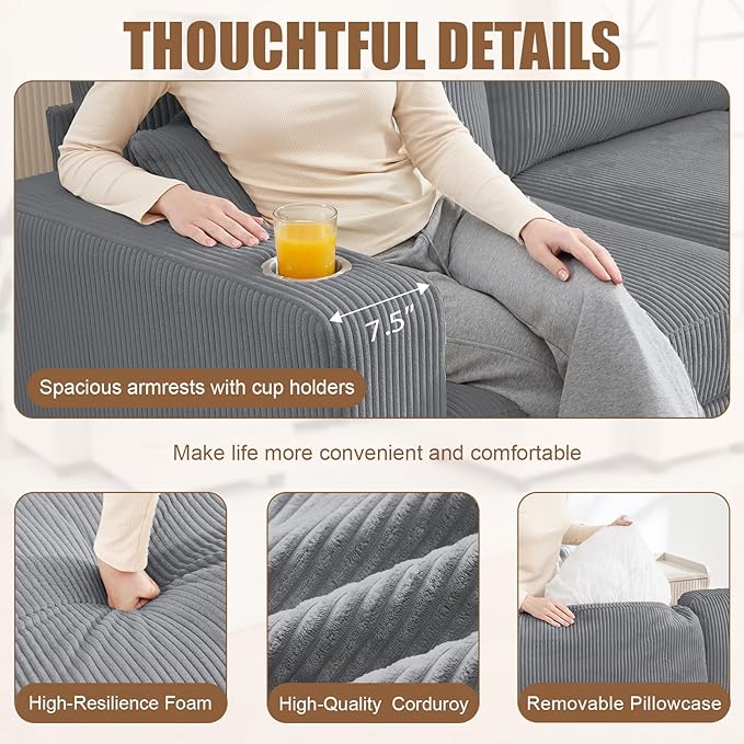 127" Modular Sectional Sofa with Storage, Corduroy 7-Seater V-Shaped Sofa with Ottoman Chaise, Convertible L-Shaped U-Shaped Cloud Sectional Couches for Living Room, Apartment