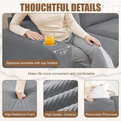 127" Modular Sectional Sofa with Storage, Corduroy 6-Seater U-Shaped Sofa with Ottoman Chaise, Cloud Sectional Couches for Living Room, Apartment