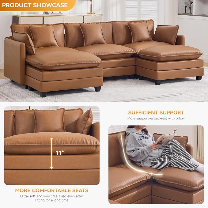 111'' Sectional Cloud Deep Seat Couch, Oversized Leather U Shaped Sectional Sofa for Living Room Set, Comfy Upholstered Modular 5-Seats Sectional Sofa Couch with 2 Movable Ottoman, Leather Light Brown