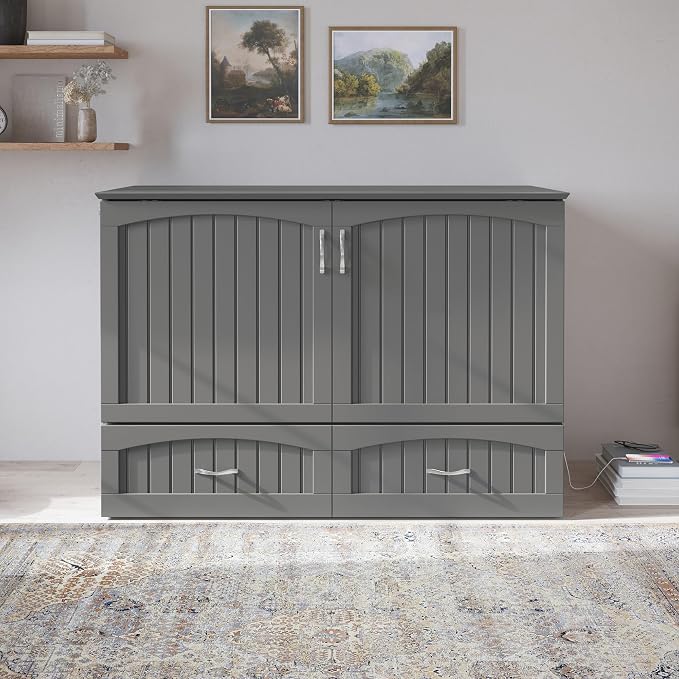 AFI, Southampton Murphy Bed Chest Full with 6" Mattress, Built-in USB Charger & Storage Drawer, Grey