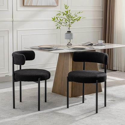 Boucle Dining Chairs Set of 6, Black Dining Chairs with Upholstered Seat and Round Back, Mid-Century Modern Kitchen Chairs for Dining Room, Restaurant
