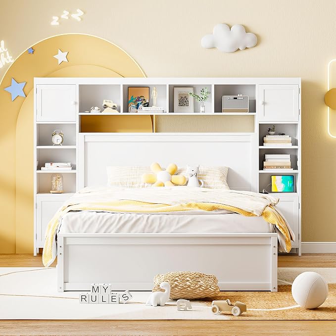 Merax Queen Size Wooden Bed with All-in-One Cabinet and Shelf, White Platform Bed Frame with 2 Drawers, Trundle and Sockets