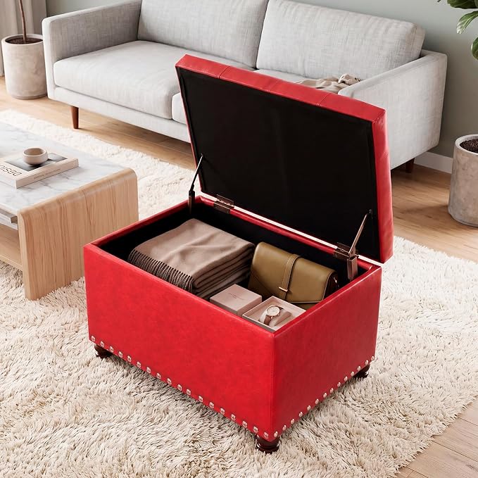Joveco Leather Storage Ottoman, 24" Rectangle Square Bench Foot Rest Stool for Bedroom Living Room, Red