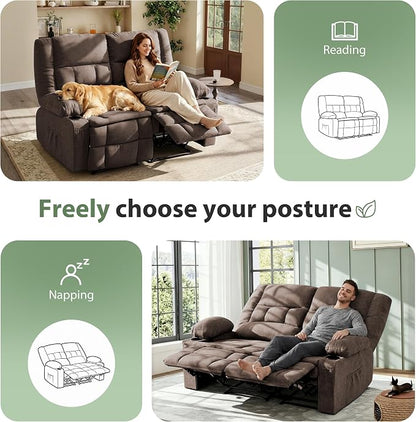 Loveseat Recliner Sofa, Wall Hugger Reclining Loveseat with Cup Holders & Storage Pockets, 150° Adjustable RV Couch, Traditional 2-Seat Reclining Couch for Living Room, RV, Home Theater, Brown