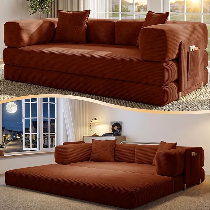 78.8" Convertible Futon Sofa Bed,Corduroy Futon Couch with Storage Pocket,Folding Pull Out Sofa,No Assembly Boneless Couch for Living Room,Rust Red