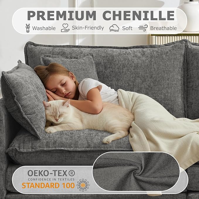 113” Modular Sectional Sofa, L Shaped Cloud Couch with Movable Ottoman, Comfy Chenille Deep Seat Sofa with Throw Pillows, 4 Seat Modern Couches for Living Room Bedroom Apartment, Grey