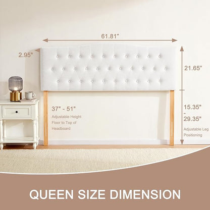 Tufted Headboard Queen Size, Solid Wood Adjustable Height Head Board, White | Upholstered Queen Headboard Only with Durable Solid Wood Legs, Adjustable Height 37-51 in, Fabric Button Diamond HeadBoards