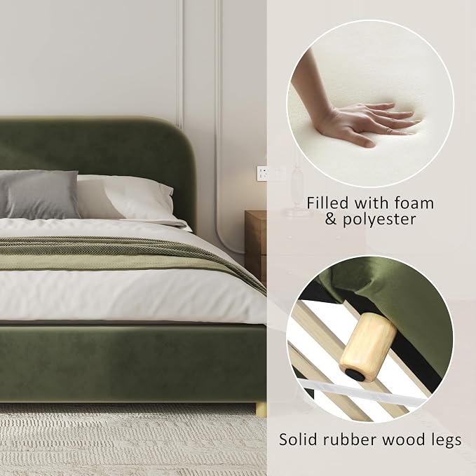 Merax Queen Size Velvet Fabric Upholstered Platform Bed with Curved Shaped Headboard, Wood Bed Frame with Solid Round Legs for Kids Teens Adults, Olive Green