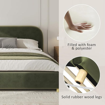 Merax King Size Teddy Fleece Thick Fabric Upholstered Platform Bed with Curved Shaped Headboard, Wood Bed Frame with Solid Round Legs for Kids Teens Adults, Olive Green