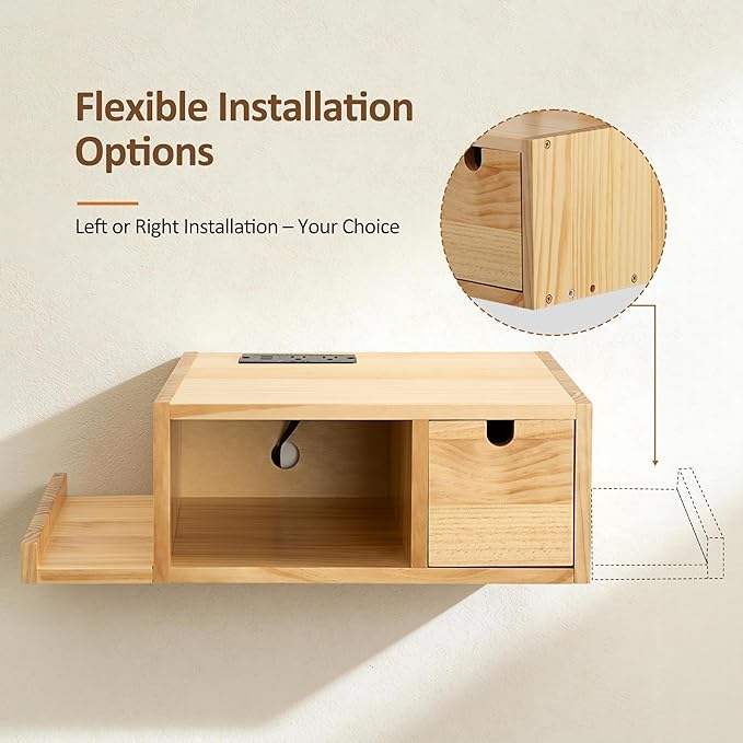 Afuly Floating Nightstand with Charging Station, Wall Mount Night Stand with Drawer Hanging Bedside Table End Table, Solid Wood Modern Side Table Shelf for Bedroom Natural Wooden Decor