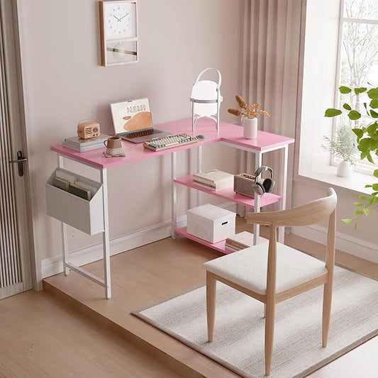 Pamray 40 Inch L Shaped Computer Desk with Reversible Side Storage Shelves, Small Corner Desk for Small Space Home Office, Writing Study Table PC Desk for Bedroom, Pink