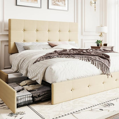 SHA CERLIN Upholstered Full Size Platform Bed Frame with 4 Storage Drawers, Adjustable Headboard with Square Stitched Button Tufted Design, Wooden Slat Support, No Box Spring Needed, Beige