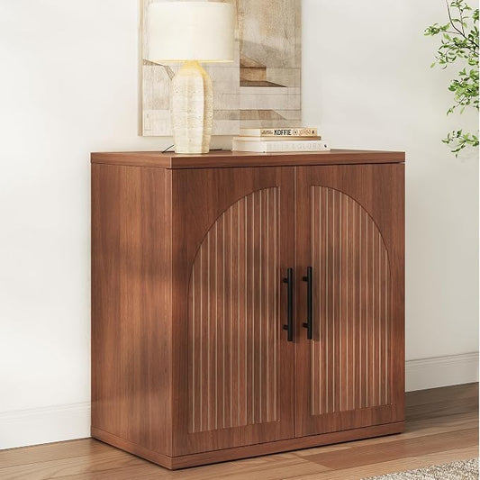 MapleGrace 31.5" Fluted Buffet Cabinet with Storage, Mid-Century Symmetrical Arched Sideboard Credenza with Adjustable Shelf, Large Wood Console Table for Dining Room, Kitchen, and Living Room(Walnut)