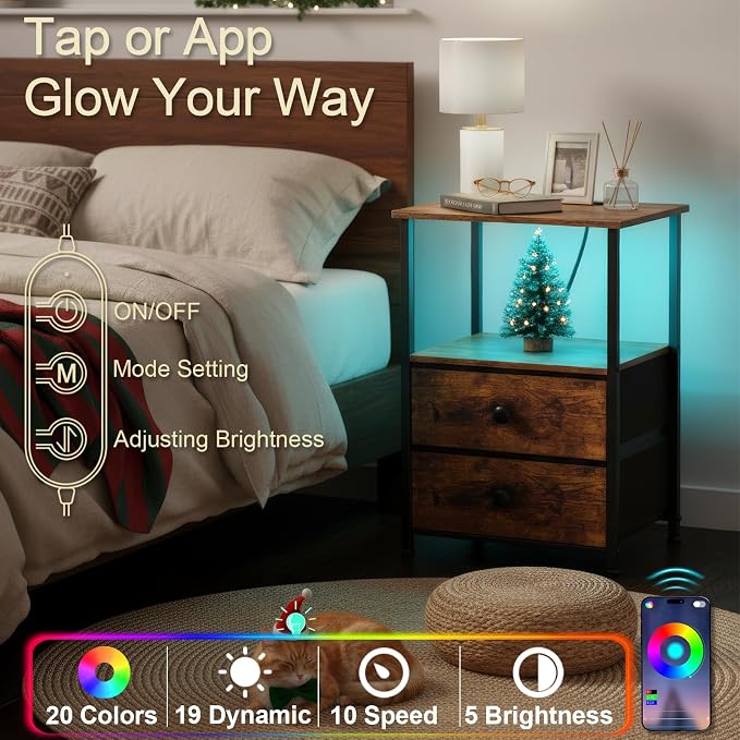LOAKEKEL Night Stand Set 2, LED Nightstand with Charging Station, End Tables with Storage Shelf, Bedside Table with 2 Fabric Drawers for Bedroom, Small Spaces, Rustic Brown HETS02PBR